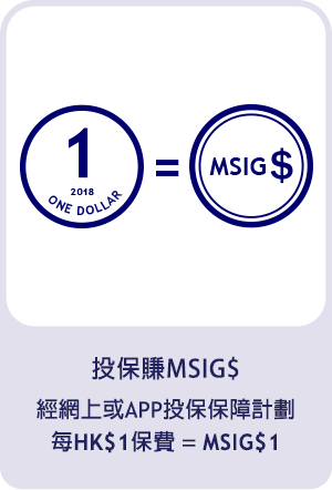 投保賺分,投保任何MSIG保險即可賺取每HK$1保費 = 1MSIG$